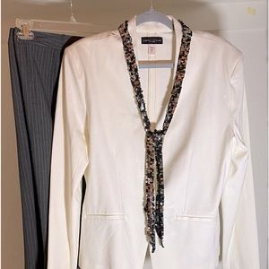 Simply Styled white blazer Sz XL, Jones Wear Studio, Sz 16, gray stripe slacks.